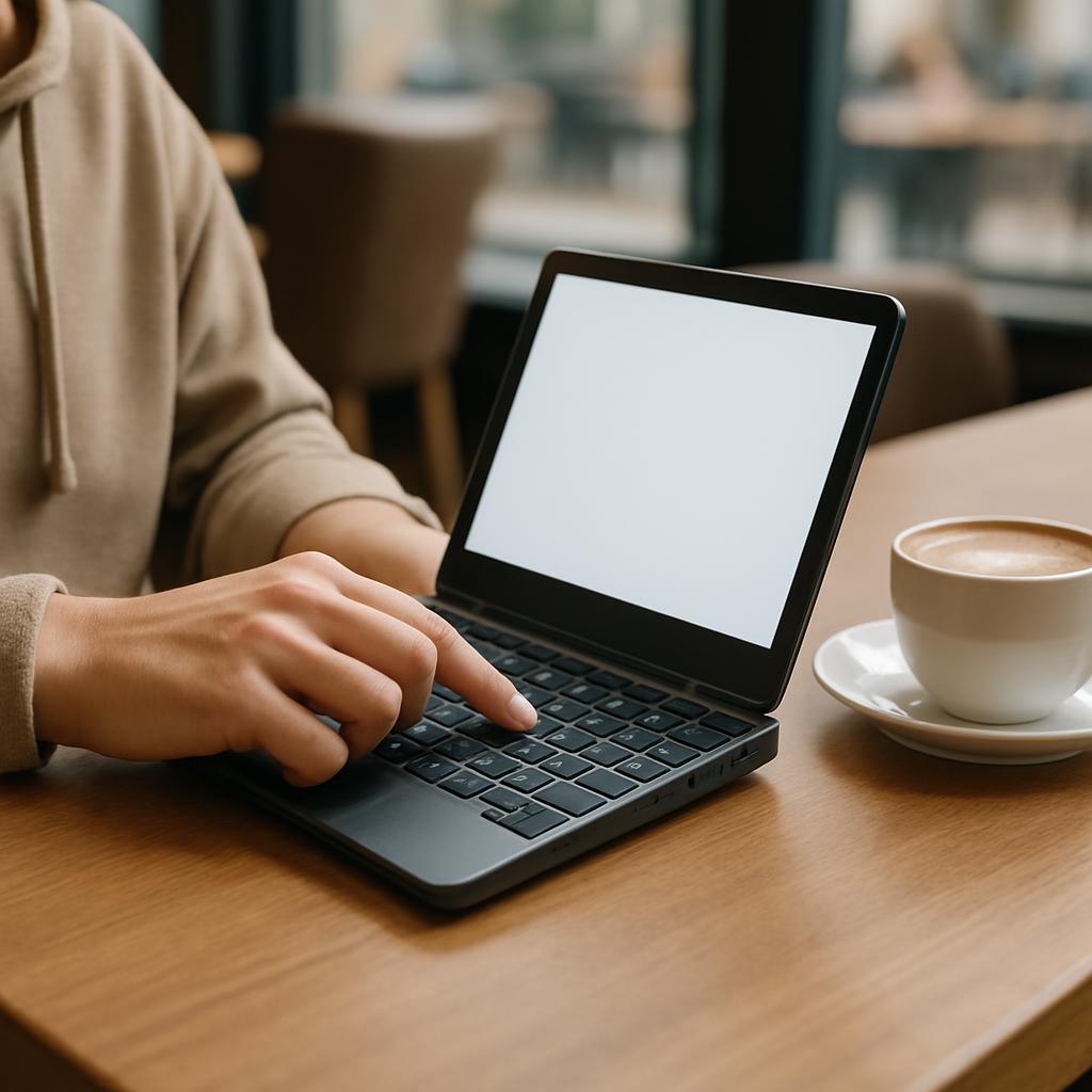 Illustration of a person using a mini laptop in a cafe, emphasizing portability and compact size