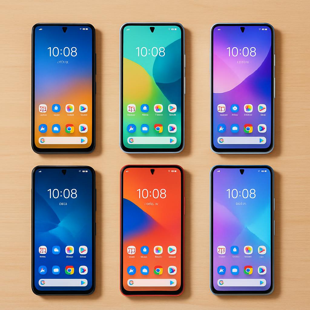 A flat-lay overhead shot of six modern budget smartphones in different colors arranged in a grid on a clean wooden desk, screens on showing colorful home screens.