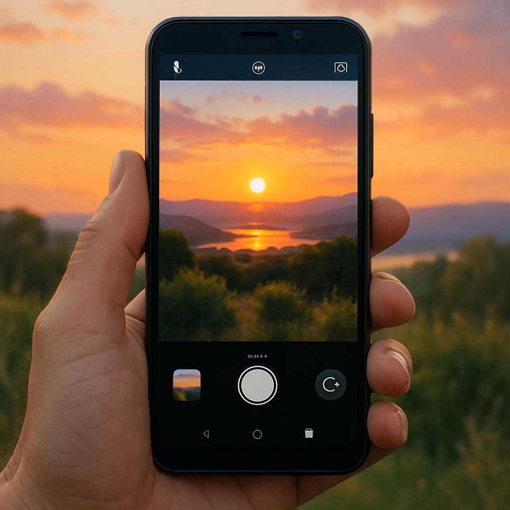 A close-up of a hand holding a budget smartphone outdoors, capturing a vivid sunset landscape, with the camera viewfinder visible on the screen.