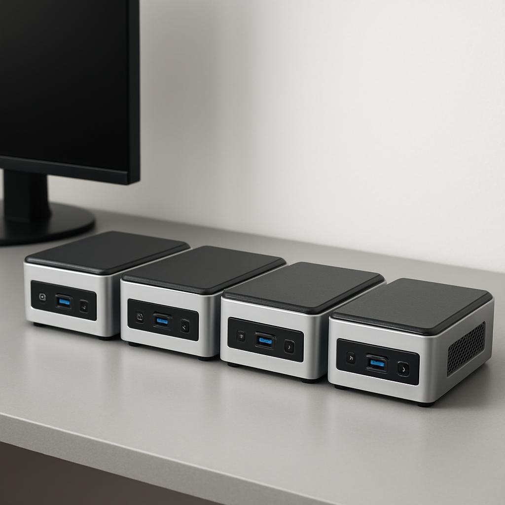 A row of compact silver and black mini PCs arranged on a minimalist desk beside a monitor, each roughly the size of a paperback book.