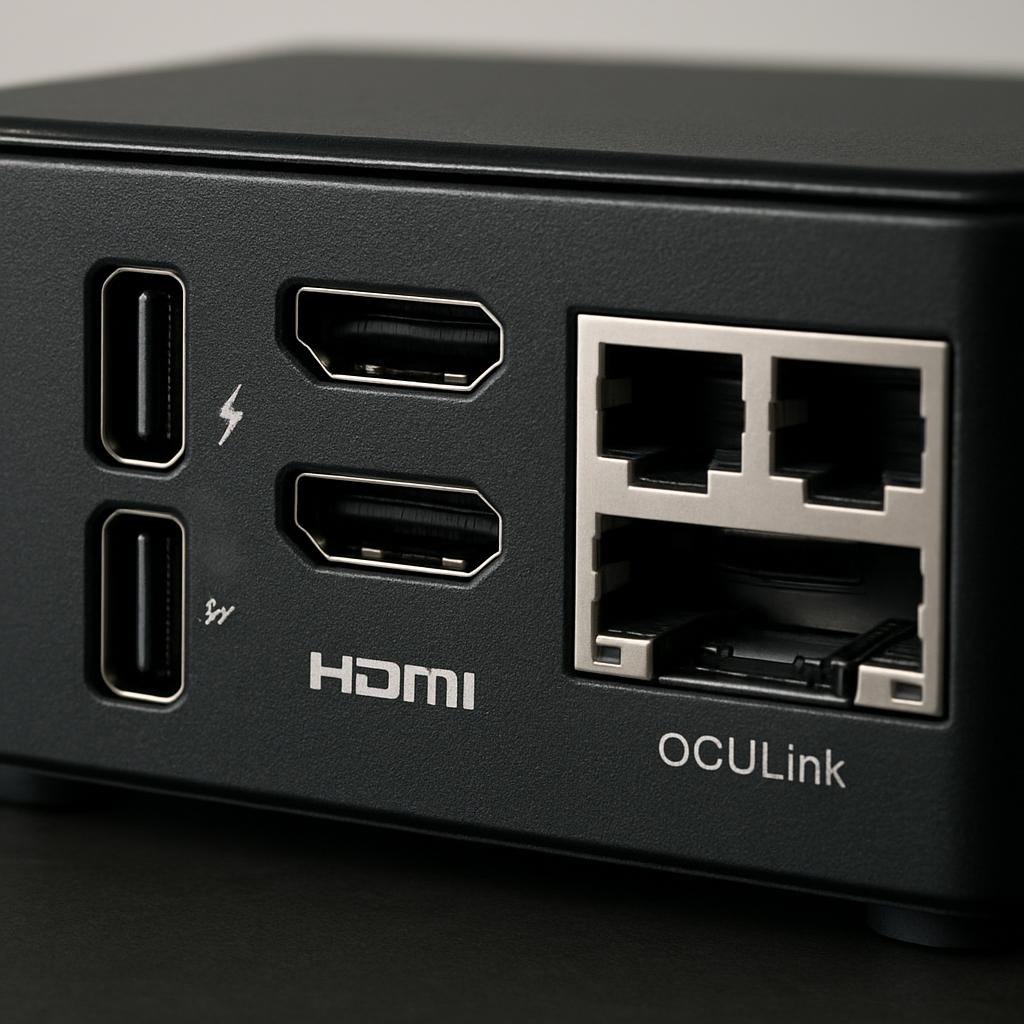 Close-up of a mini PC's rear panel showing USB4 Type-C ports, dual HDMI, dual Ethernet jacks, and an OCuLink connector.