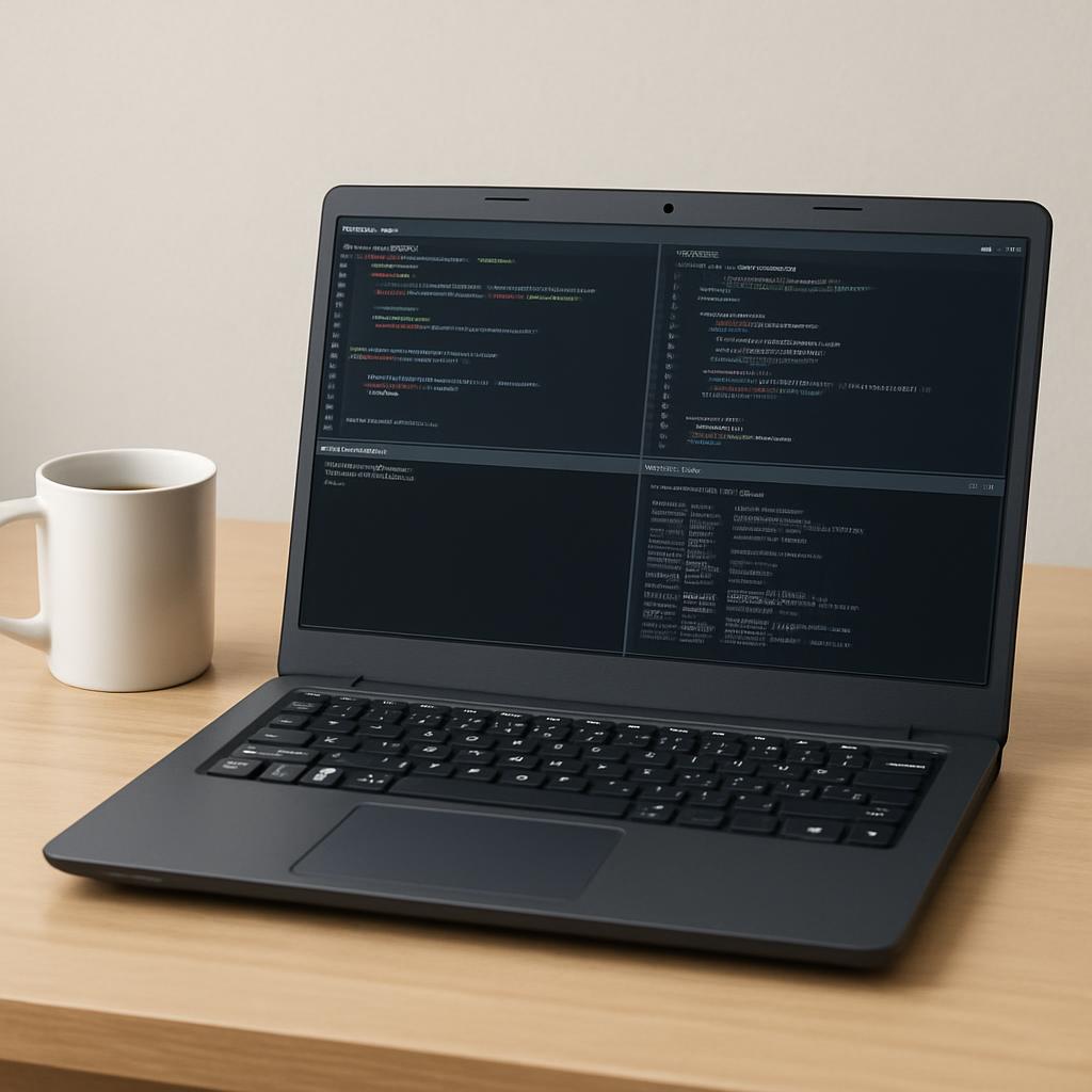 A budget laptop on a desk running a code editor with multiple terminal panes, a coffee mug beside it