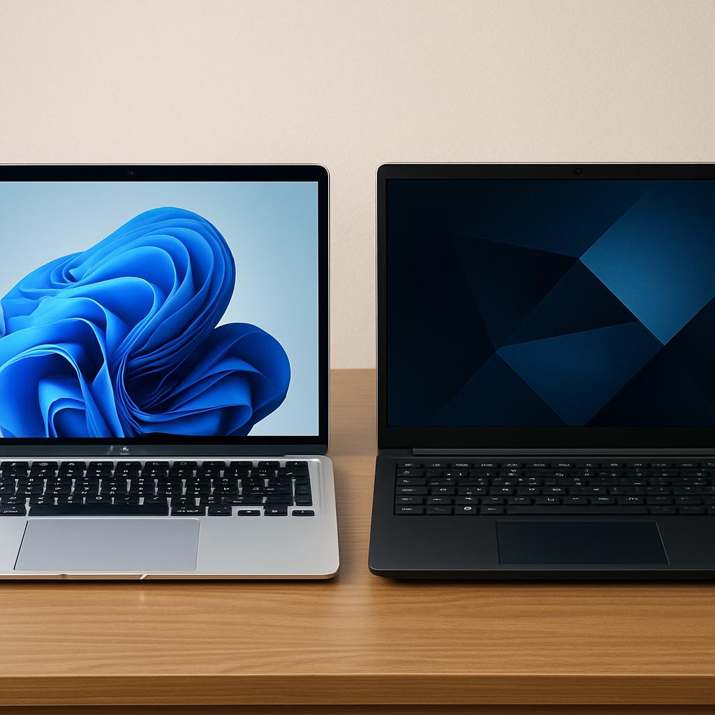 Side-by-side of a silver MacBook Air and a dark Windows laptop, both open on a wooden desk