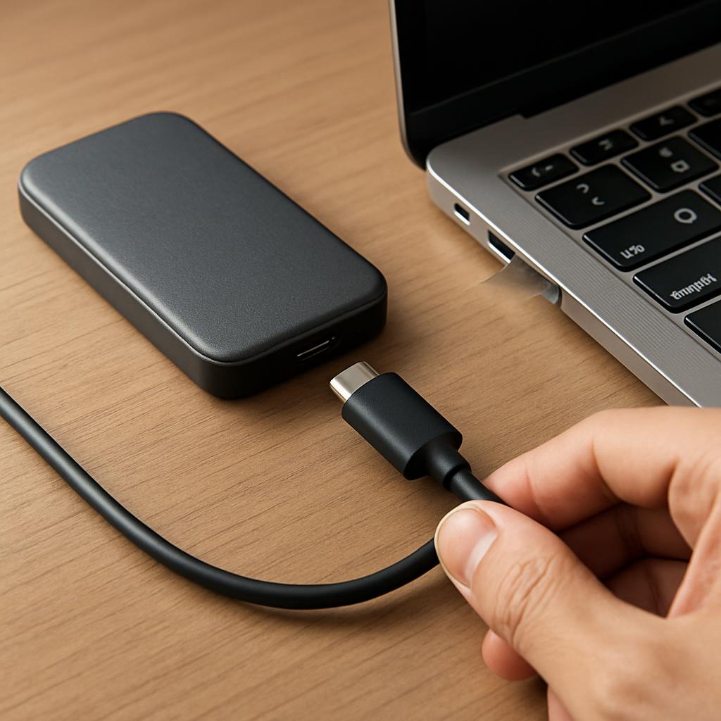 Close-up of a hand plugging a USB-C cable from a compact portable SSD into the side port of a modern laptop on a desk