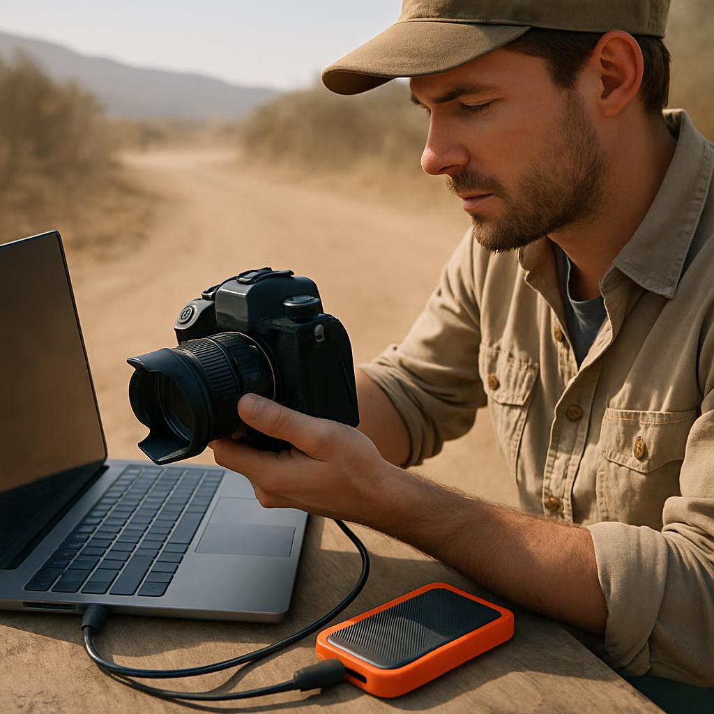 A photographer outdoors transferring photos from a camera to a rugged portable SSD connected to a laptop, with a dusty landscape in the background