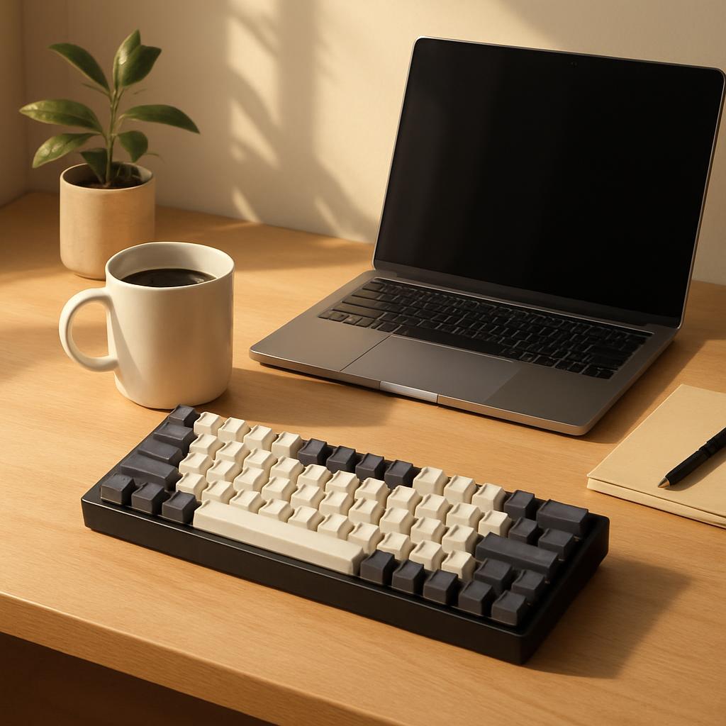 A tidy work-from-home desk with a compact 75% mechanical keyboard, a laptop, and a coffee mug under warm morning light