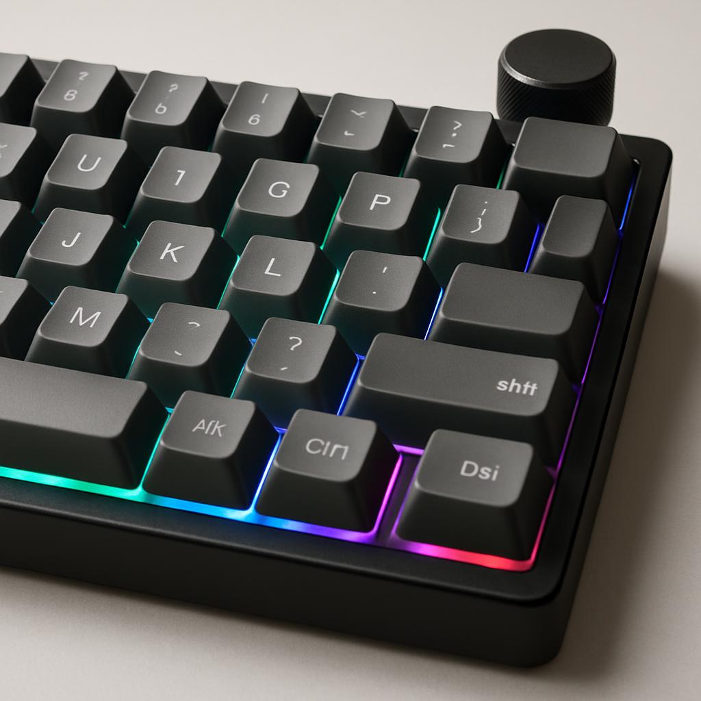 Close-up of a 75% keyboard's PBT keycaps and a small volume knob, showing south-facing RGB glow at a typist's angle