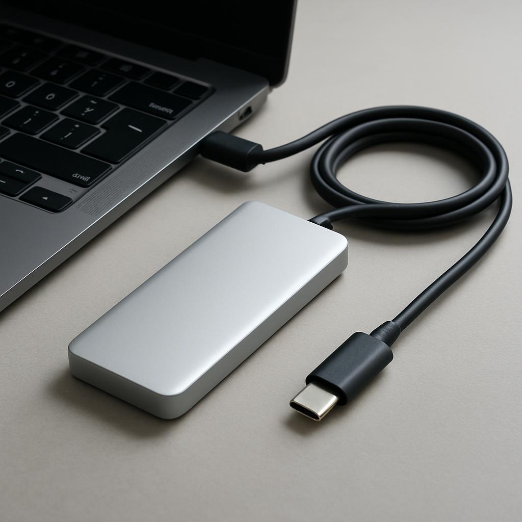 A slim aluminum portable SSD plugged into a USB-C port on the side of a modern laptop, with a coiled USB-C cable beside it on a desk.