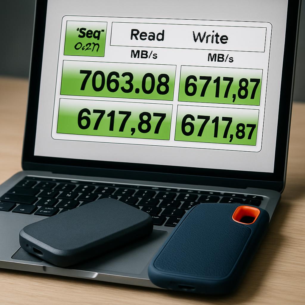 A close-up benchmark screen on a laptop showing sequential read/write transfer speeds, with two portable SSDs resting in front of the display.