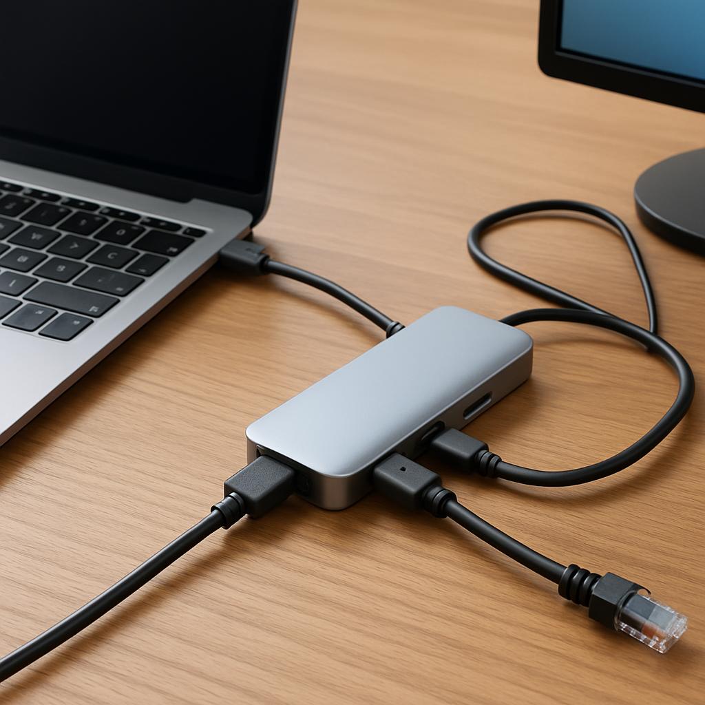 A thin silver ultrabook on a wooden desk with a compact aluminum USB-C hub plugged into its side, cables fanning out to a monitor, mouse, and Ethernet.