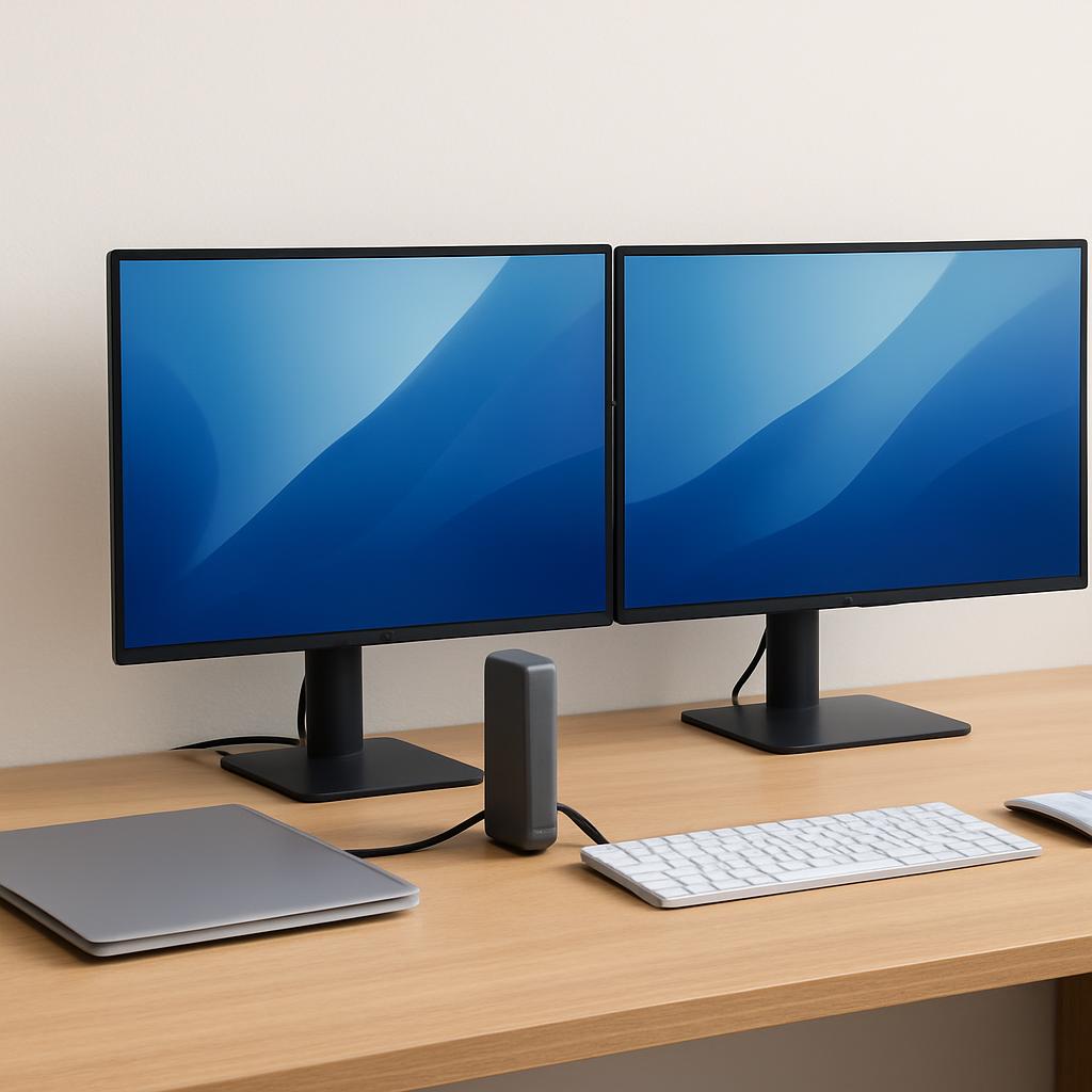 A clean desk workstation with a clamshell laptop connected by a single cable to a vertical Thunderbolt dock, driving two large monitors with a keyboard and mouse in front.