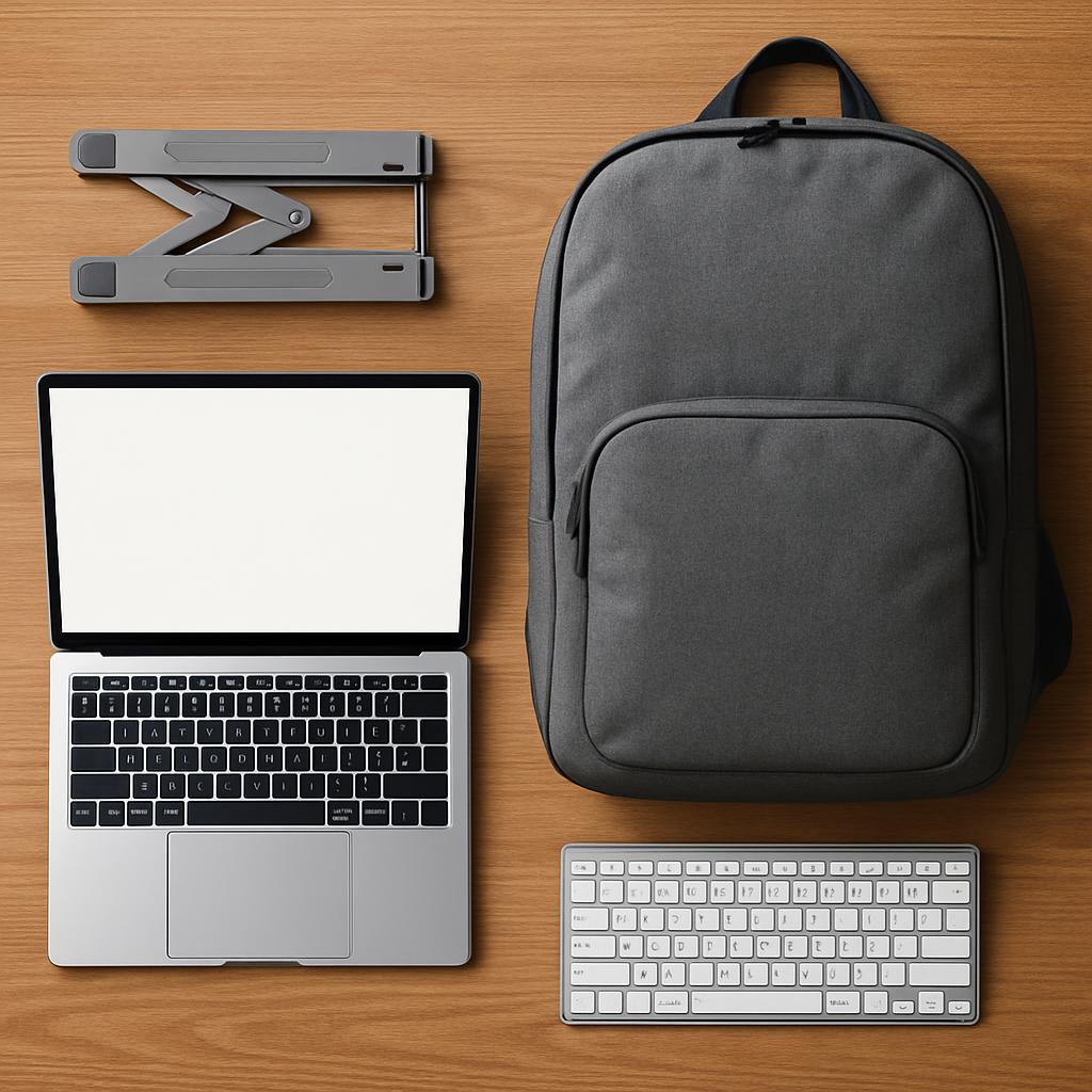 A clean flat-lay on a wooden desk showing a folded portable laptop stand, a slim commuter backpack, an open 16-inch laptop, and a compact wireless keyboard