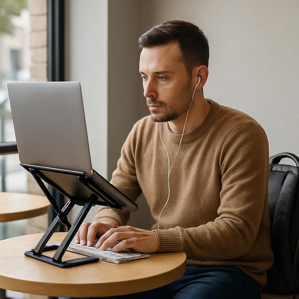 A commuter at a café using a laptop elevated on a black folding portable stand with an external keyboard, a backpack resting on the chair beside them