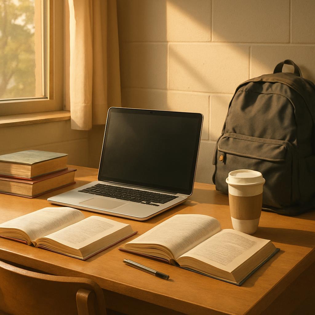 A college student's desk with an open laptop, textbooks, coffee, and a backpack, warm morning light through a dorm window