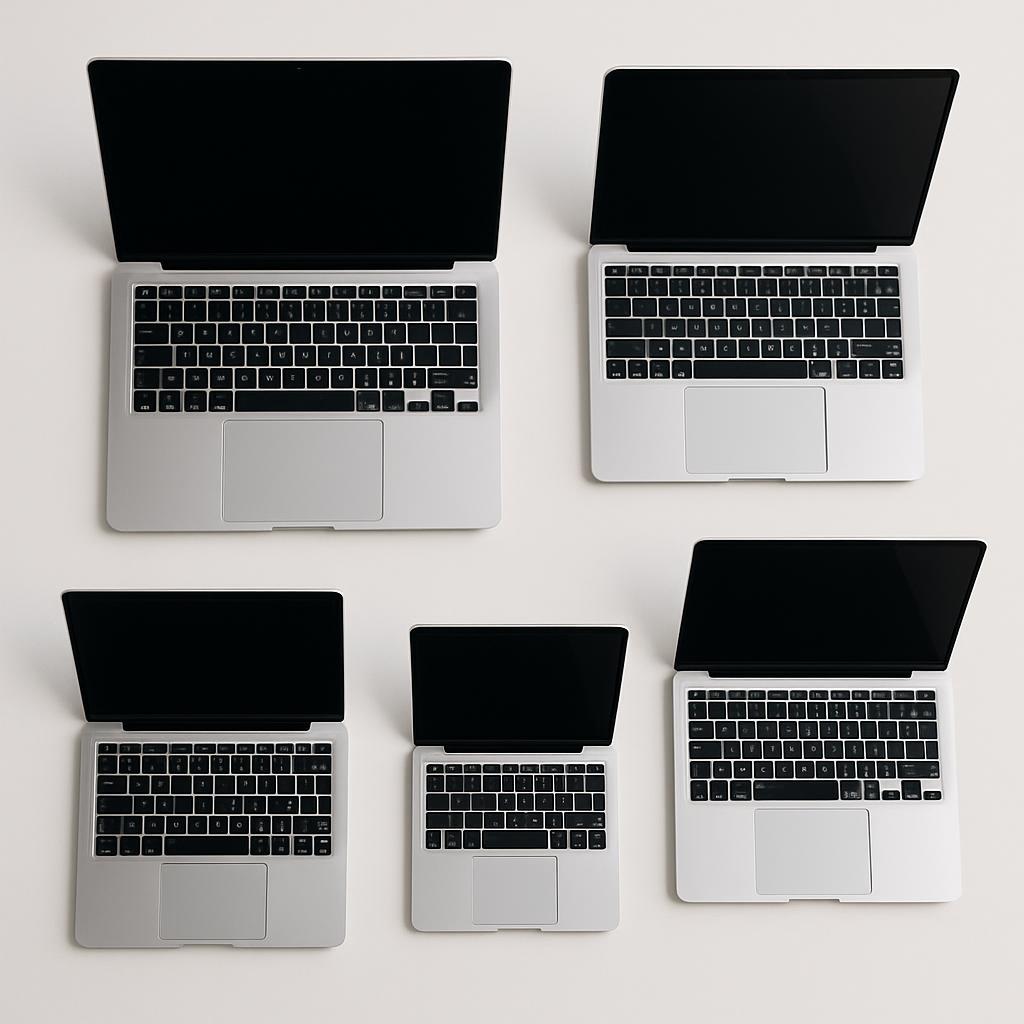 Flat-lay comparison of several modern laptops of different sizes arranged on a clean surface, viewed from above